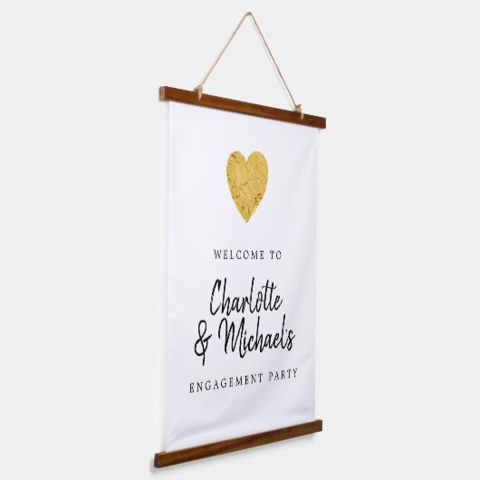 Gold Foil Heart Engagement Party Welkomstbanner Hangend Wandkleed (Gebogen)