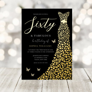 Gold Foil Heart Gown Black 60th Birthday Party Folie Uitnodiging