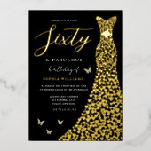 Gold Foil Heart Gown Black 60th Birthday Party Folie Uitnodiging (Voorkant)