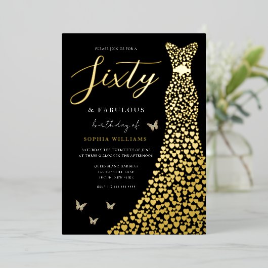Gold Foil Heart Gown Black 60th Birthday Party Folie Uitnodiging (Staand Voorkant)