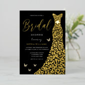 Gold Foil Heart Gown with Black Vrijgezellenfeest Folie Uitnodiging (Staand Voorkant)