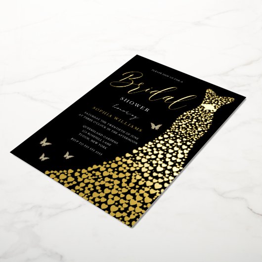 Gold Foil Heart Gown with Black Vrijgezellenfeest Folie Uitnodiging (Gedraaid)