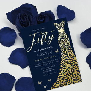 Gold Foil Heart Gown with Navy 50th Birthday Party Folie Uitnodiging