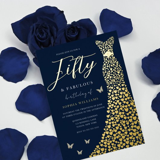 Gold Foil Heart Gown with Navy 50th Birthday Party Folie Uitnodiging