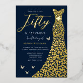 Gold Foil Heart Gown with Navy 50th Birthday Party Folie Uitnodiging (Voorkant)