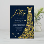 Gold Foil Heart Gown with Navy 50th Birthday Party Folie Uitnodiging (Staand Voorkant)