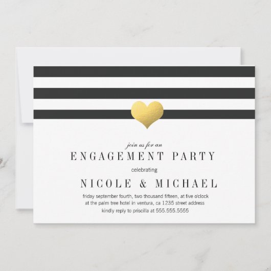 Gold Foil Heart + Stripes Engagement Party Kaart (Voorkant)