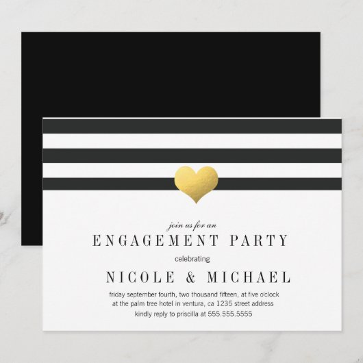 Gold Foil Heart + Stripes Engagement Party Kaart (Voorkant / Achterkant)