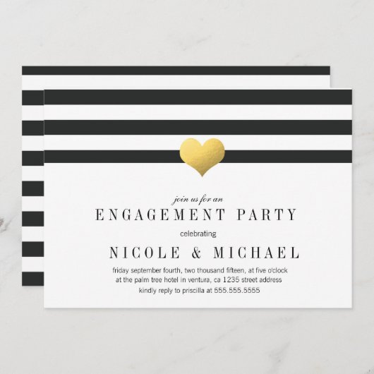 Gold Foil Heart + Stripes Engagement Party Kaart (Voorkant / Achterkant)