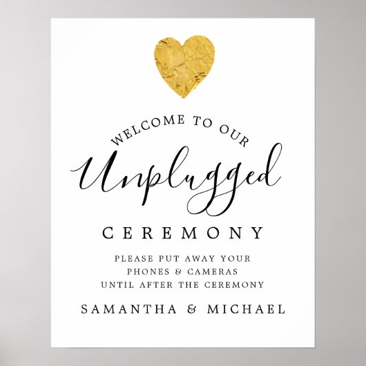 Gold Foil Heart Unplugging Wedding Ceremony Sign Poster (Voorkant)