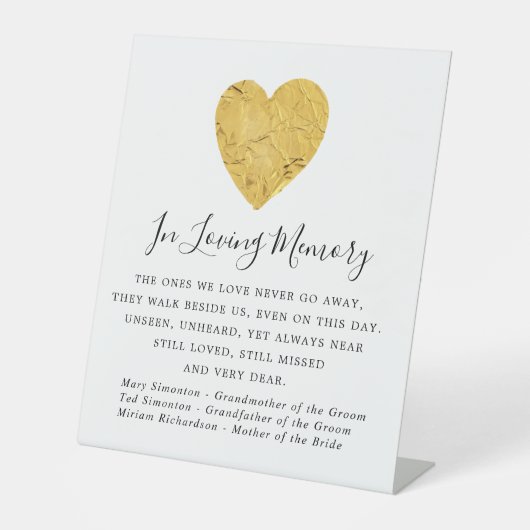 Gold Foil Heart Wedding Memorial Sign Reclamebord Met Voetstuk (Voorkant)