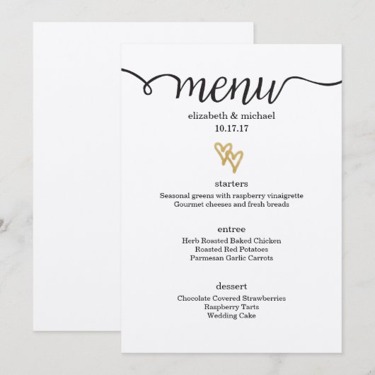 Gold Foil Hearts Kraft Paper Wedding Menu (Voorkant / Achterkant)