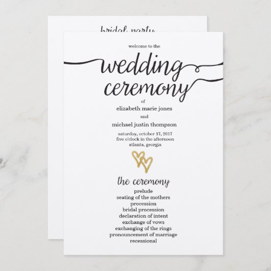 Gold Foil Hearts Kraft Paper Wedding Programme Programmakaart (Voorkant / Achterkant)
