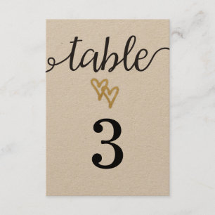 Gold Foil Hearts Kraft Paper Wedtable Number Kaart