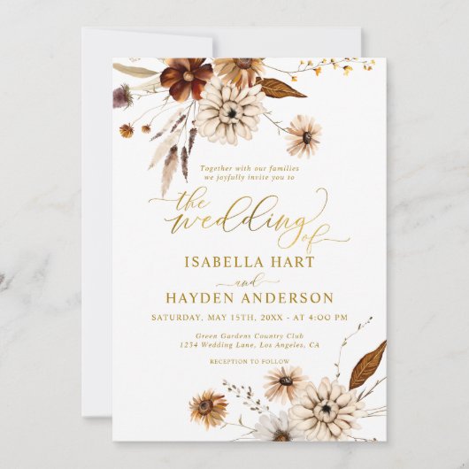 Gold Foil Herfst Boho Terracotta Neutral Wedding Kaart (Voorkant)
