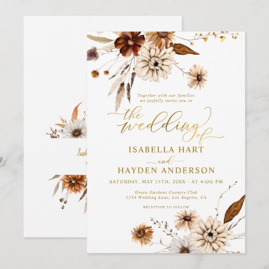 Gold Foil Herfst Boho Terracotta Neutral Wedding Kaart (Voorkant / Achterkant)