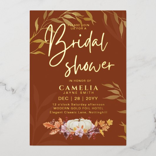 GOLD FOIL Herfst Pumpkin VRIJGEZELLENFEEST QR-code Folie Uitnodiging (Voorkant)