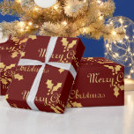 Gold Foil Holly Merry Christmas Cadeaupapier<br><div class="desc">Fun custom red Christmas gift wrapping paper with pretty gold foil look holly leaves and berries and berries</div>