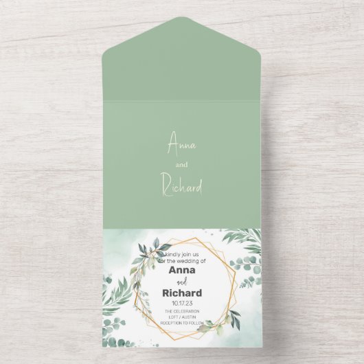 Gold Foil Invitation, neutraal Floral Wedding All In One Uitnodiging (Binnen)