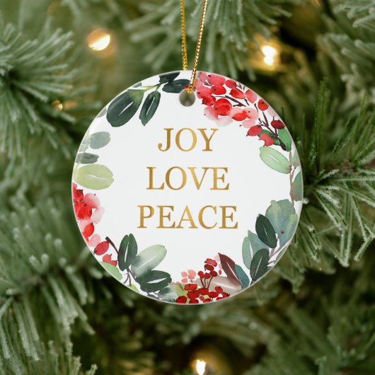 Gold Foil Joy Love Peace Holiday Ceramic Ornament (Boom)