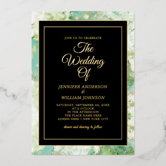 Gold Foil kalligrafie Elegant Green Waterverf Ink Folie Uitnodiging (Voorkant)