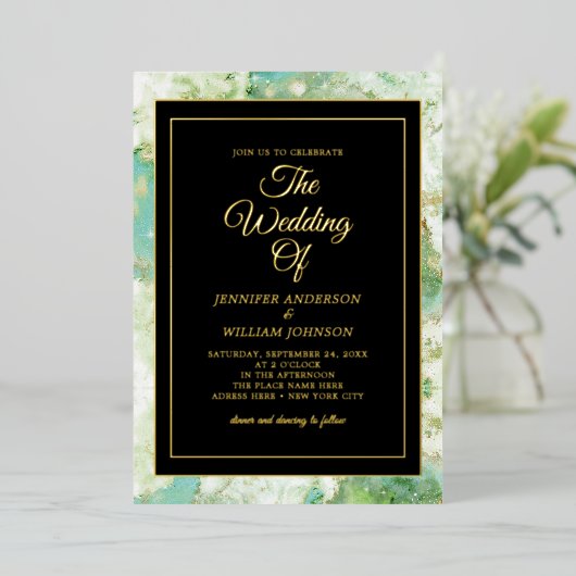 Gold Foil kalligrafie Elegant Green Waterverf Ink Folie Uitnodiging (Staand Voorkant)