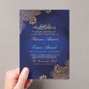 Gold Foil Lace  Blue Islamic lim Weduwen Acryl Uitnodigingen