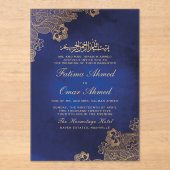 Gold Foil Lace  Blue Islamic lim Weduwen Acryl Uitnodigingen (Voorkant)