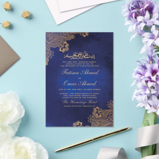 Gold Foil Lace  Blue Islamic lim Weduwen Acryl Uitnodigingen (Insitu (Huwelijk))