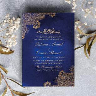 Gold Foil Lace  Blue Islamic lim Weduwen Kaart