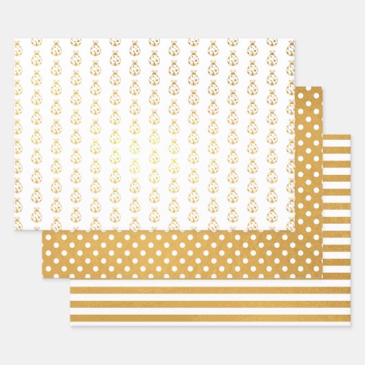 Gold Foil Lady Bugs Polka Dots Stripes Folie Inpakpapier Vel (Set)