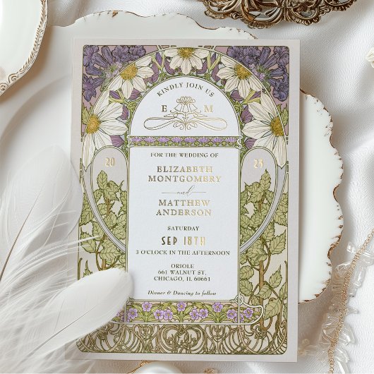 Gold Foil Lavender Daisies Wedding Art Folie Uitnodiging
