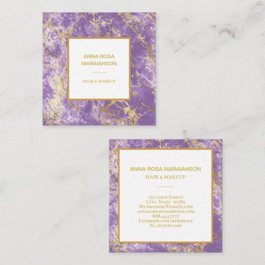 *~* Gold Foil Lavender Marble Modern Girly Luxe Vierkante Visitekaartje (Voorkant / Achterkant)
