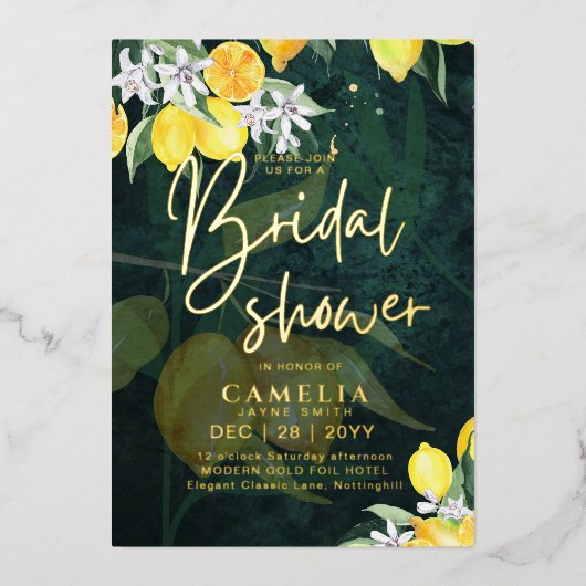 Gold Foil Lemon Zest VRIJGEZELLENFEEST QR Code Folie Uitnodiging (Voorkant)