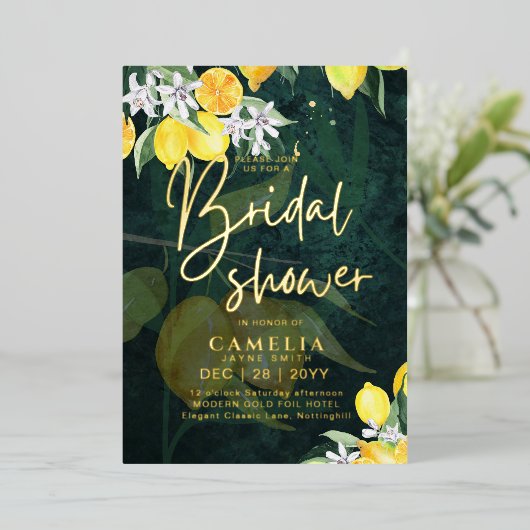 Gold Foil Lemon Zest VRIJGEZELLENFEEST QR Code Folie Uitnodiging (Staand Voorkant)