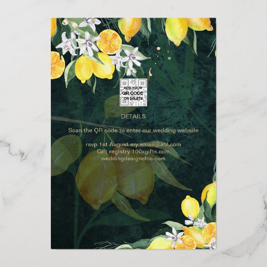 Gold Foil Lemon Zest VRIJGEZELLENFEEST QR Code Folie Uitnodiging (Achterkant)