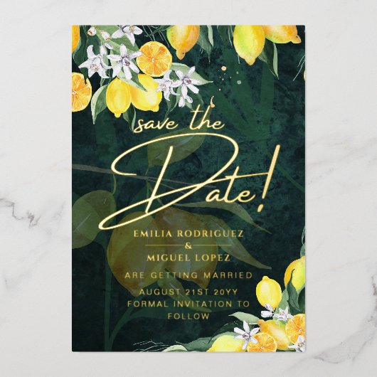 Gold Foil Lemon Zest Wedding Save the Date QR Code Folie Uitnodiging (Voorkant)