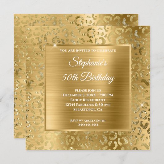 Gold Foil Leopard Glam 50th Birthday Kaart (Voorkant / Achterkant)