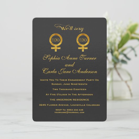Gold Foil Lesbian Engagement Party - Uitnodiging (Staand voorkant)