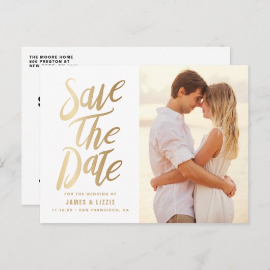 Gold Foil Lettering Foto opslaan Datum Aankondigingskaart (Voorkant / Achterkant)