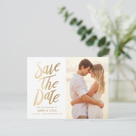 Gold Foil Lettering Foto opslaan Datum Aankondigingskaart (Staand voorkant)