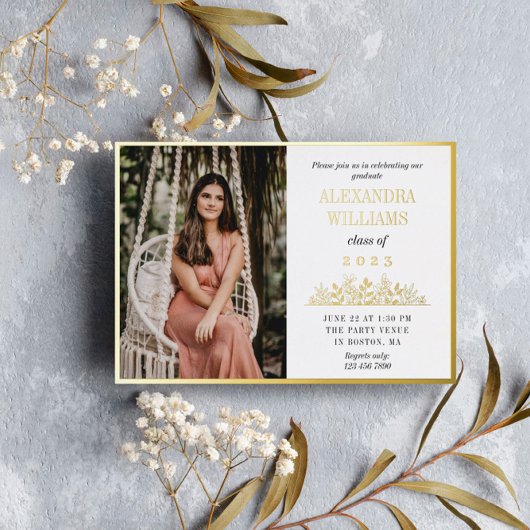 Gold Foil Lijst & Florals Foto Afstuderen Folie Folie Uitnodiging