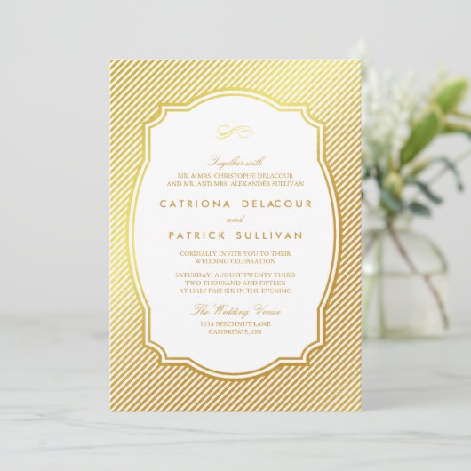 Gold Foil Lijst Striped Wedding Invitation Kaart (Staand voorkant)