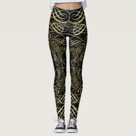 Gold Foil Look Scrollwork Script op zwart Elegant Leggings