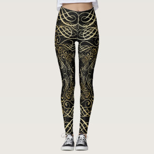 Gold Foil Look Scrollwork Script op zwart Elegant Leggings