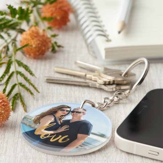 Gold Foil Love Script Aangepaste foto Sleutelhanger (Voorkant Rechts)