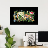 Gold Foil Love Text  Floral Botanical Black Poster (Thuiskantoor)
