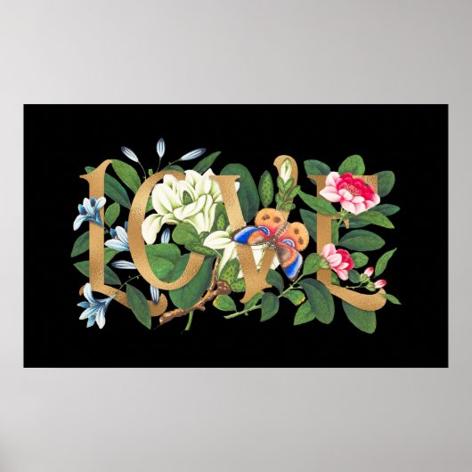 Gold Foil Love Text  Floral Botanical Black Poster (Voorkant)