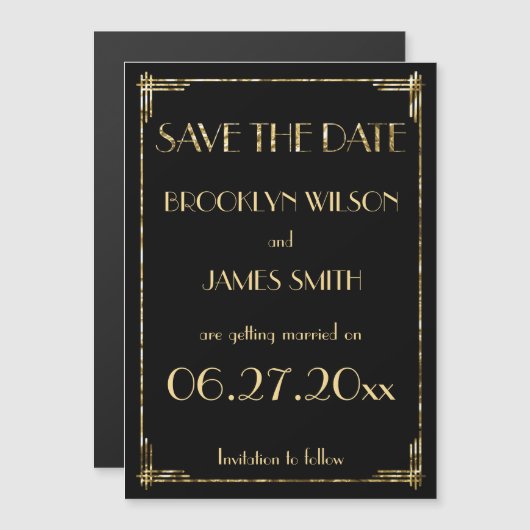 Gold Foil Magnetic Art Deco Wedding Save the Date Magnetische Uitnodiging (Voorkant / Achterkant)