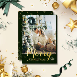 Gold Foil Merry Christmas Script Green Photo Folie Feestdagenkaart